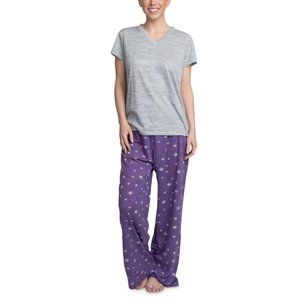 MUK LUKS Knit Short-Sleeve Top & Printed Pants Pajama Set LARGE GRAY/PURPLE